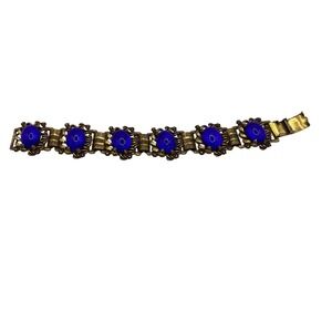 Vintage Blue Cabochon Gold Tone‎ Flower Link Bracelet Art Deco Jewelry